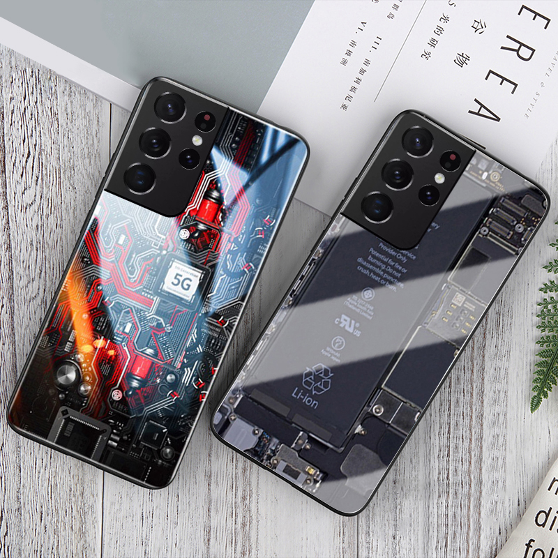 For Samsung Galaxy S21 Ultra Case Explorer Version Theme Back Cover Tempered Glass Protector Back Cover for Samsung S21 Ultra Back Cover Clear Circuit Board Design Full Coverage For s. 