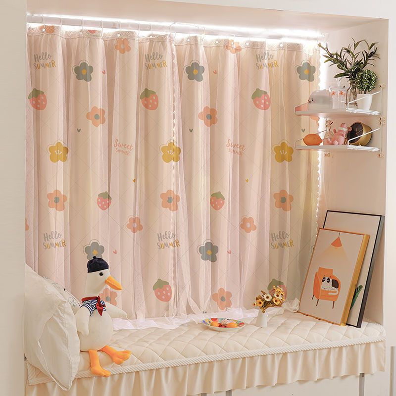 Shading Cloth Bay Window Bedroom Curtain with Rod Full Set Punch-Free Installation Small Window Simple Rental ins Short Style. 