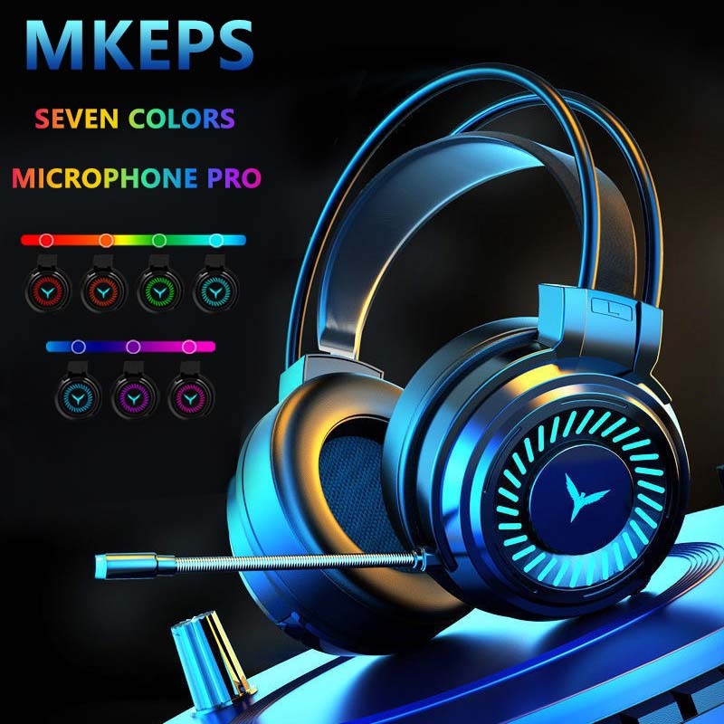 Mkeps gaming headphones led wired headset noise canceling with microphone for PC laptop computer