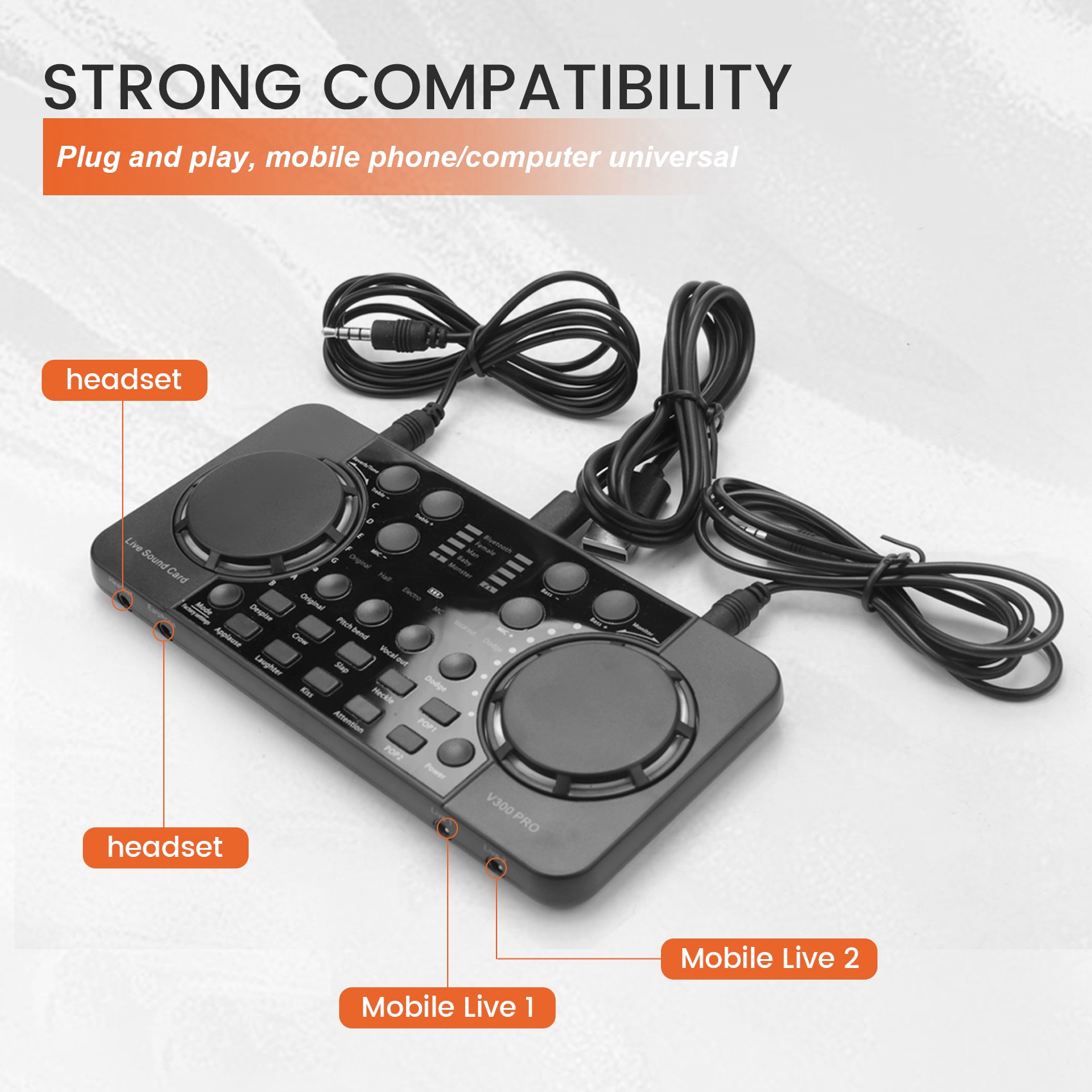V300 PRO Sound Card 10 Sound Effects Bluetooth Noise Reduction Audio mixers Headset mic Voice Control for Phone PC. 