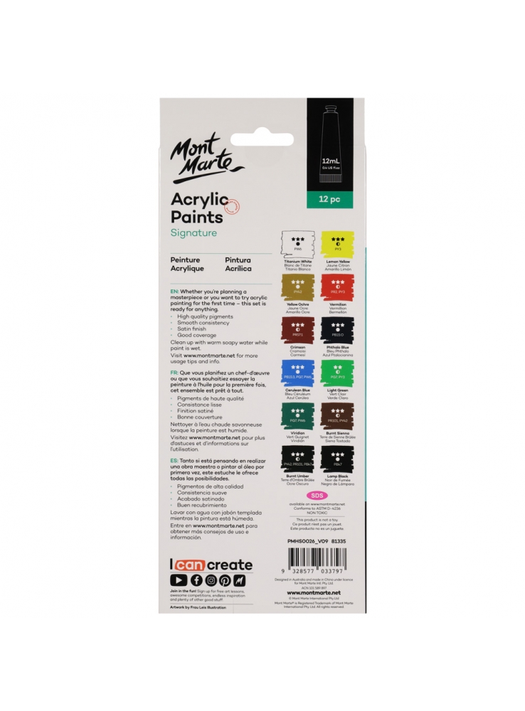 Mont Marte Signature Acrylic Paints 12pc x 12ml (0.4oz). 
