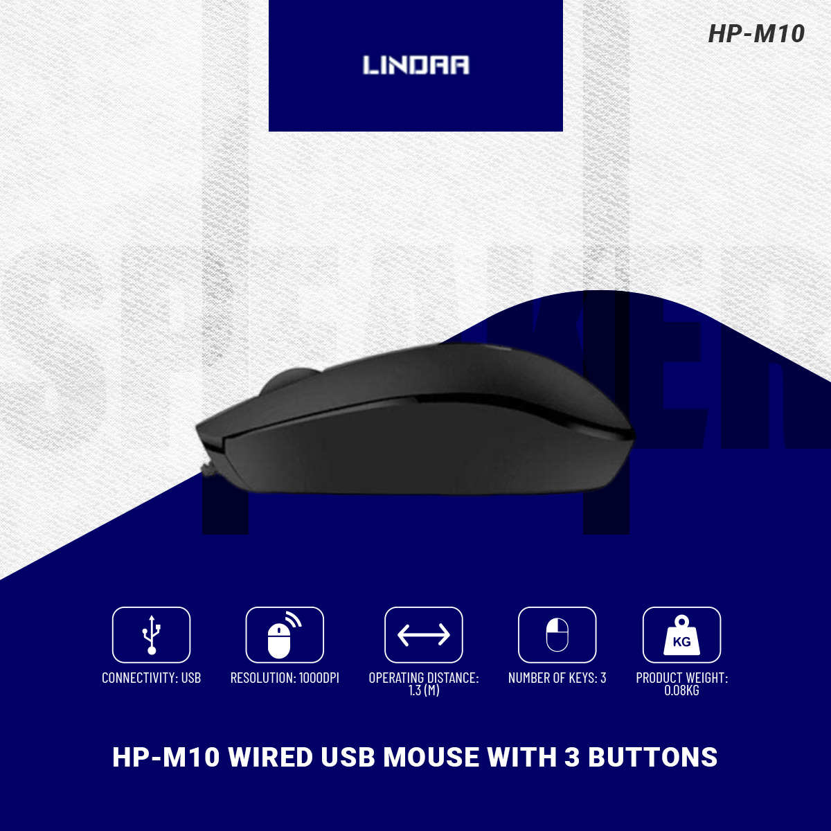 HP-M10 Wired USB Mouse with 3 Buttons High Definition 1000DPI Optical Tracking and Ambidextrous Design. 