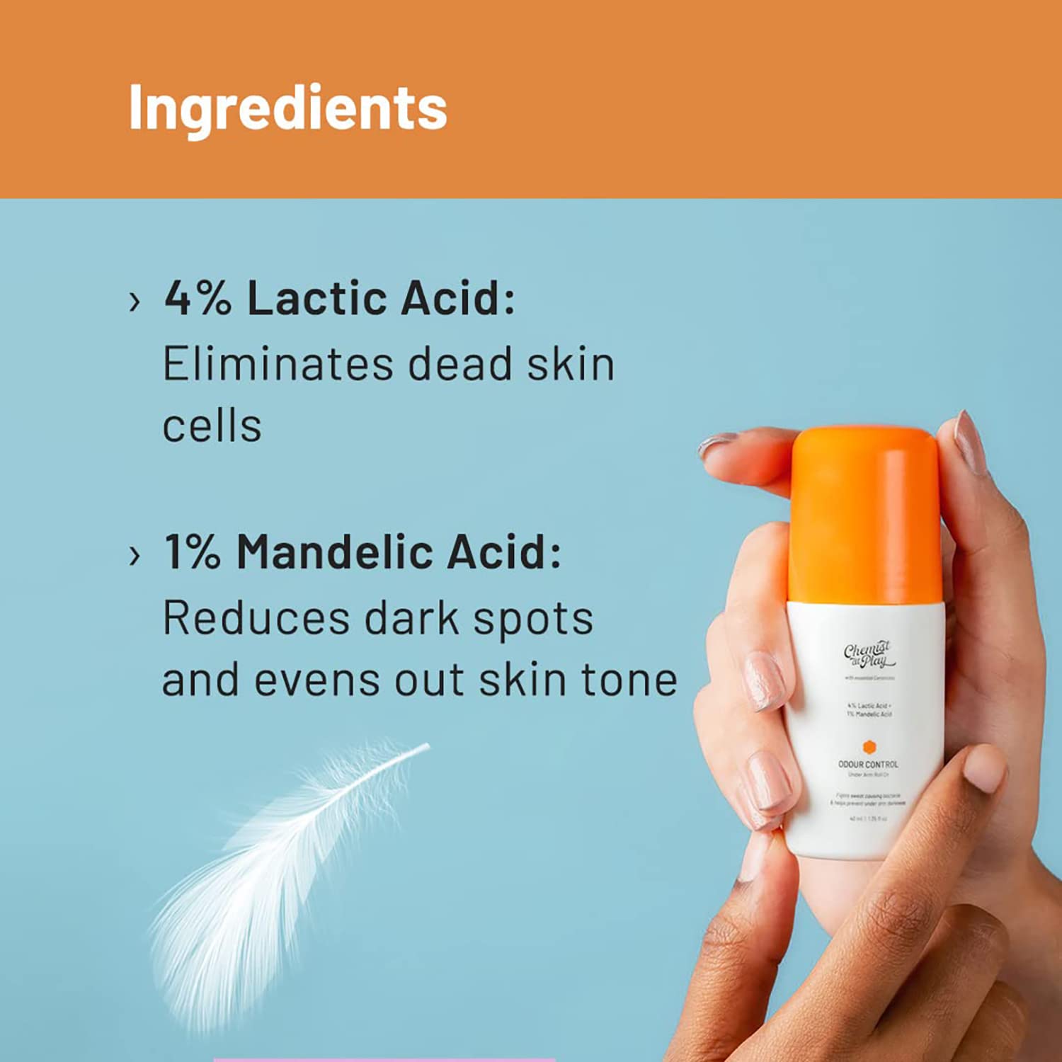 Chemist at Play UnderArm Roll-On with 5% AHA, Lactic Acid & 1% Mandelic Acid-40 ml (Fragrance Free). 