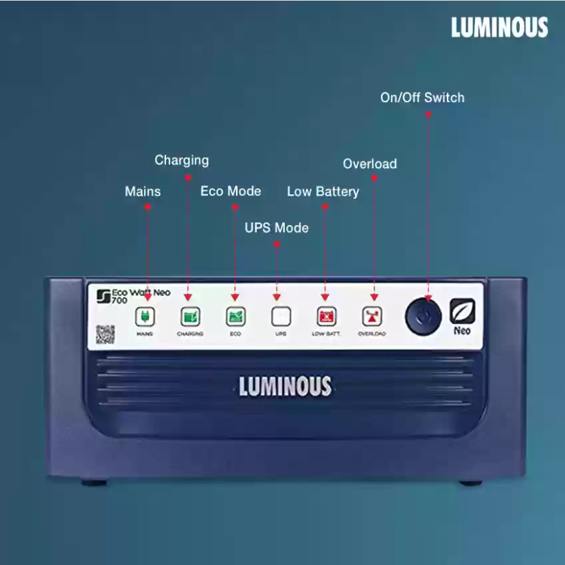 LUMINOUS IPS UPS MACHINE ECO WATT NEO 700 MODEL 500 WATT FOR SINGLE BATTERY SUITABLE FOR 3 FAN 6 LIGHTS. 
