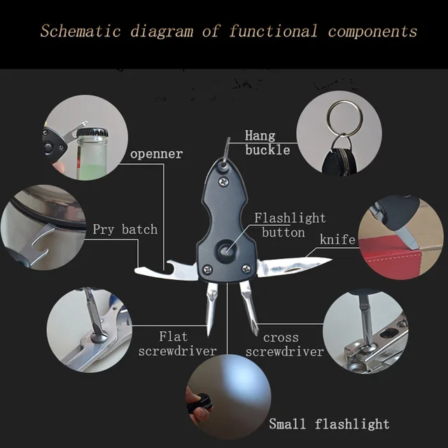 Multi-functional Keychain Knife Outdoor 6-in-1 Folding Mini Screwdriver Stainless Steel Tool Knife with LED Keychain. 