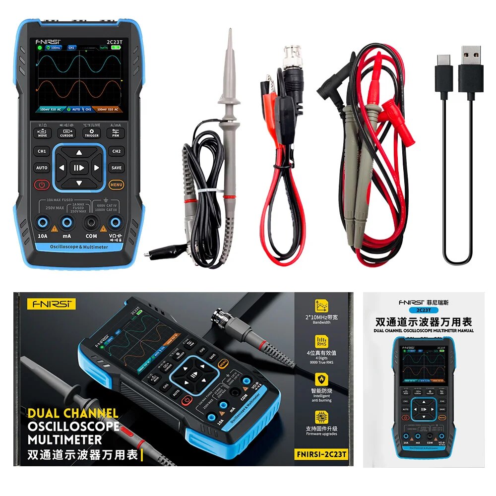FNIRSI 2C23T Handheld Digital Oscilloscope Multimeter + Function Signal Generator 2023 Latest 3IN1 Dual Channel 10MHZ*2 50MS/s. 