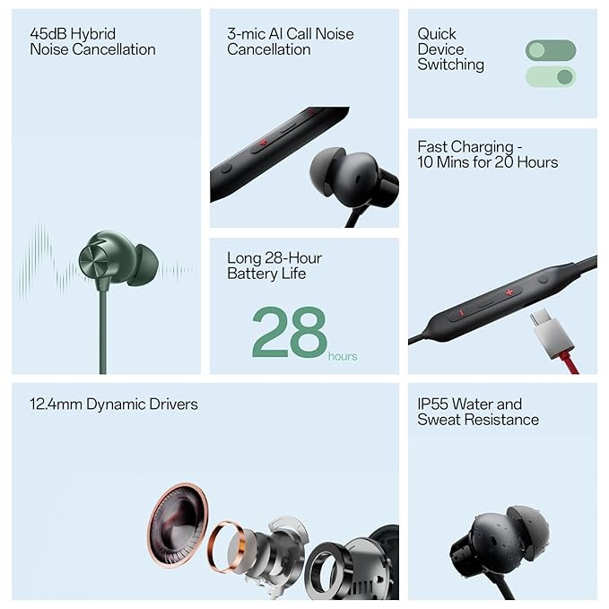 OnePlus Bullets Wireless Z2 ANC Wireless Earphones 3 Mic 45dB Hybrid Noice Cancellation  Lightweight Long Battery Life Fast Charging Neckband Style Earphone. 