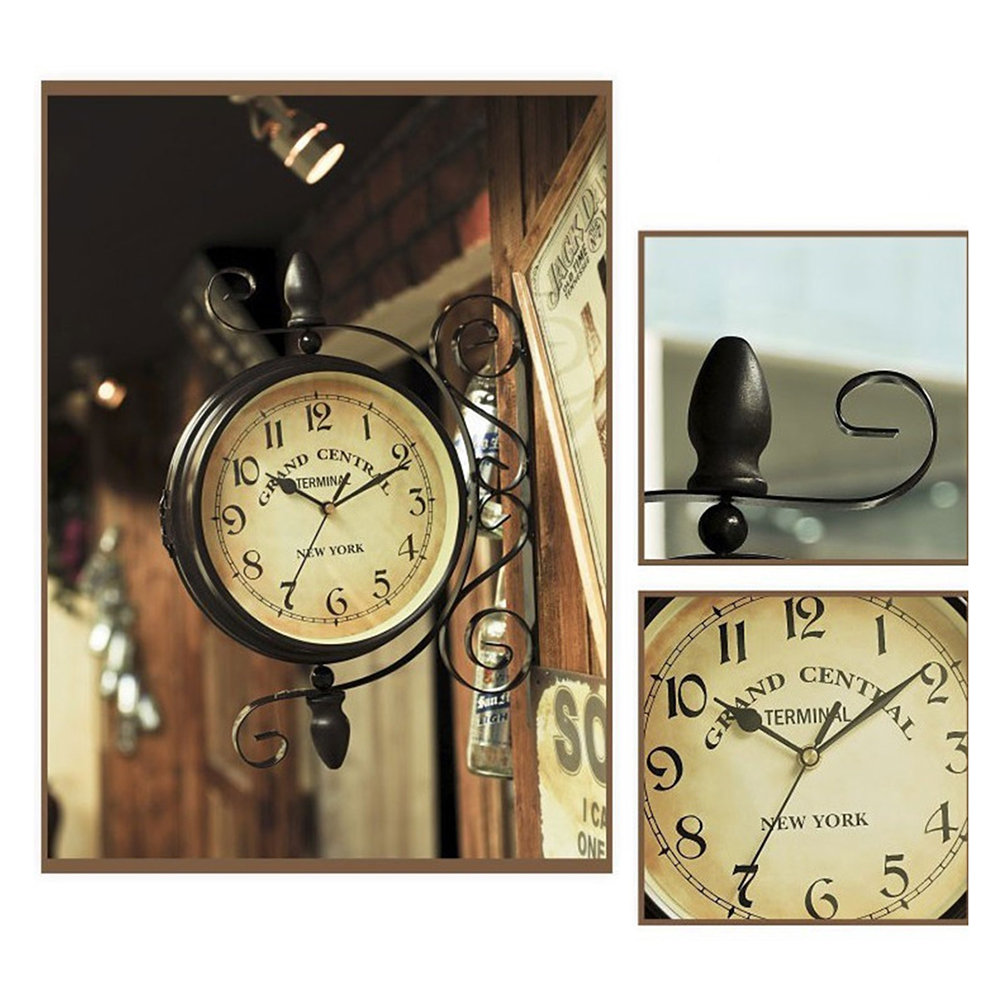 Silent Wall Clock Retro Hanging Clocks Double Sided European Style Train Station Two. 