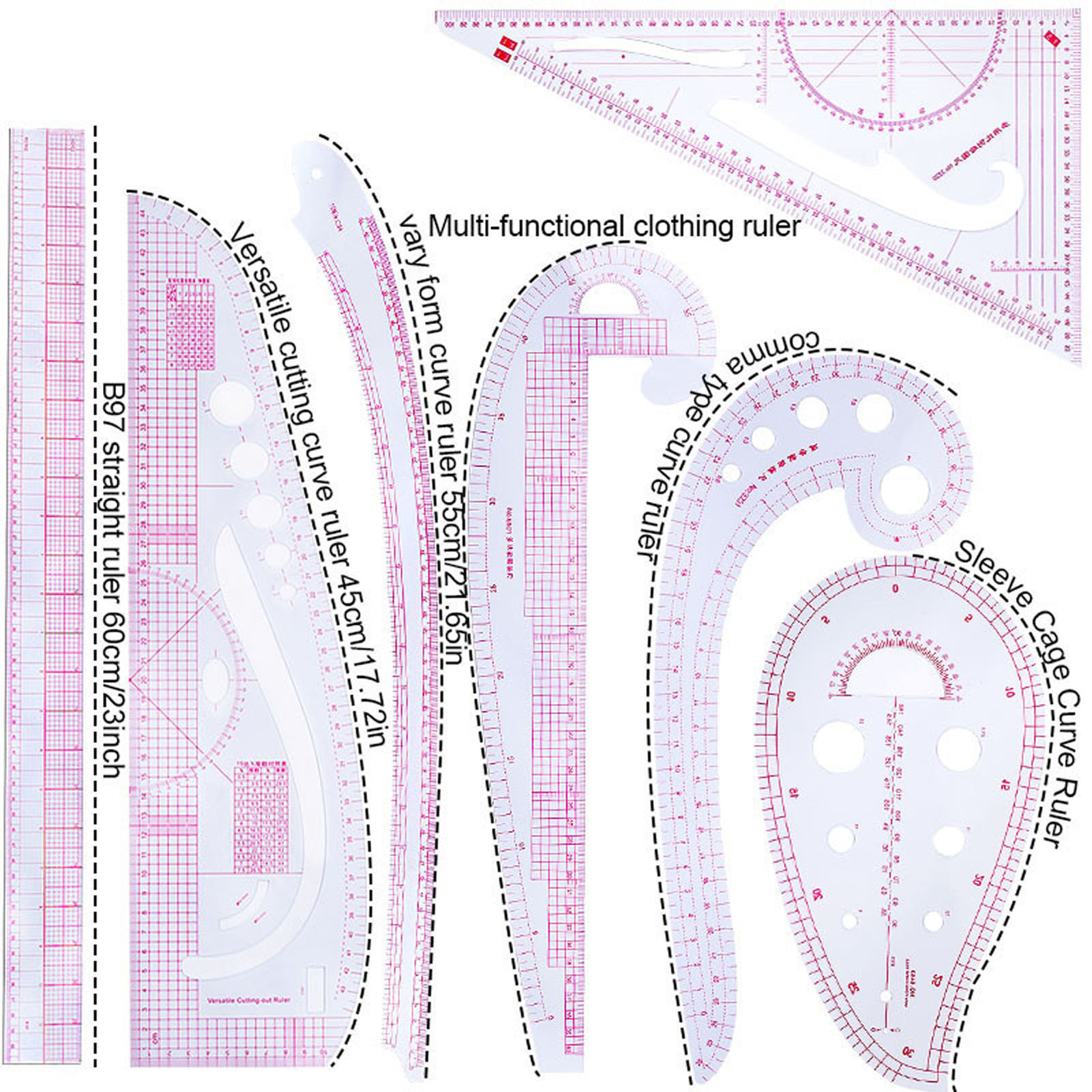 7pcs French Curve Ruler Set High Accuracy Tools Sewing Rulers With Scale Kit. 