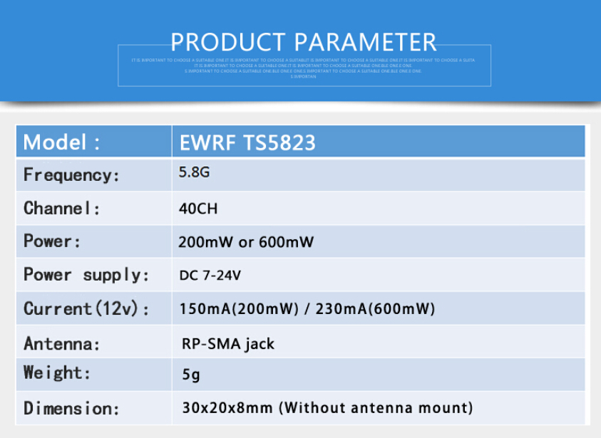 EWRF TS5823 Pro 5.8G 40CH 600mW FPV Transmitter with COMS 1000TVL Camera Complete FPV Set. 
