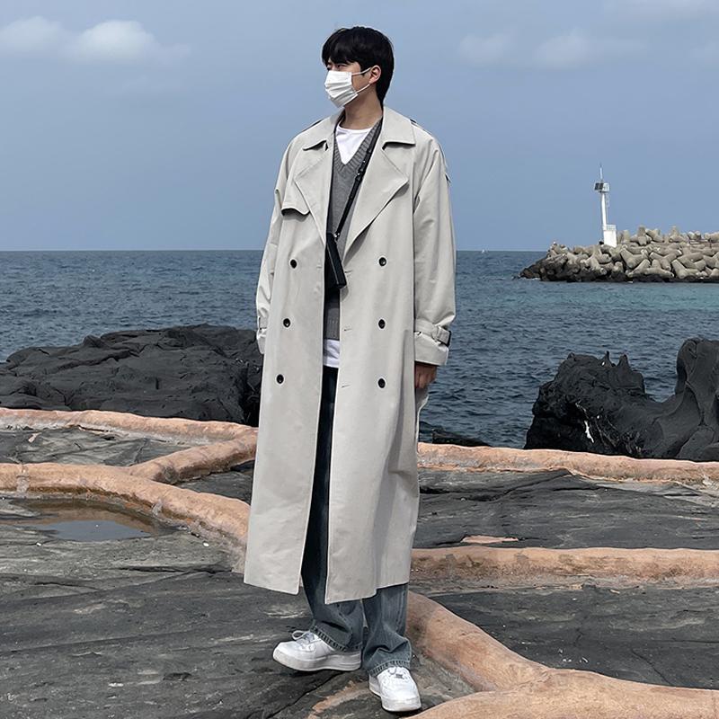 Autumn Korean Style Super Long Men's below the Knee Trench Coat Youth Trendy Handsome Jacket Double Breasted Loose Lace-up Overcoat. 