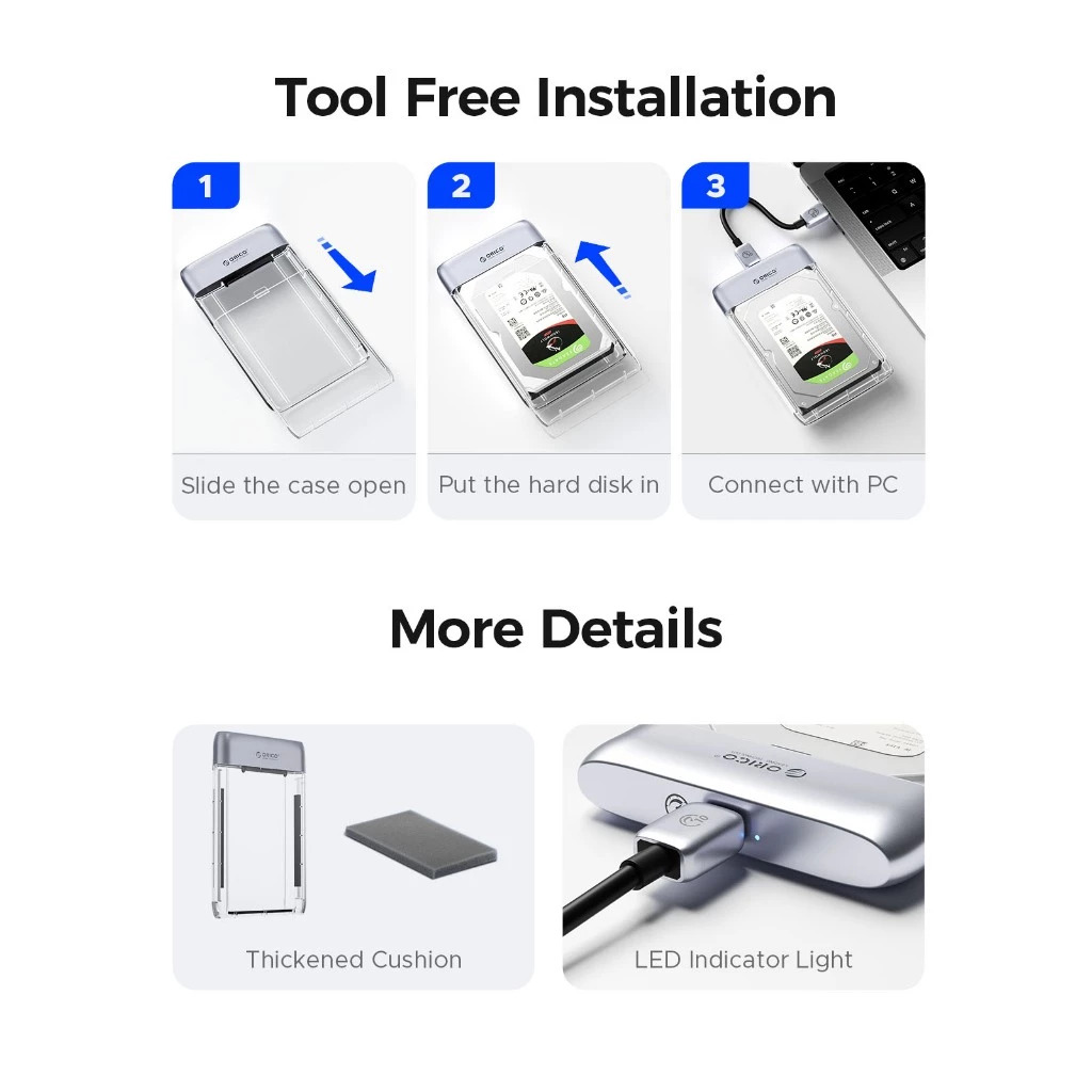 ORICO TX25C3-GY 2.5" HDD/SSD USB3.0 Case Enclosure Type-C To Type-C 5Gbps Transmission Auto Sleep For PC Laptop Notebook. 