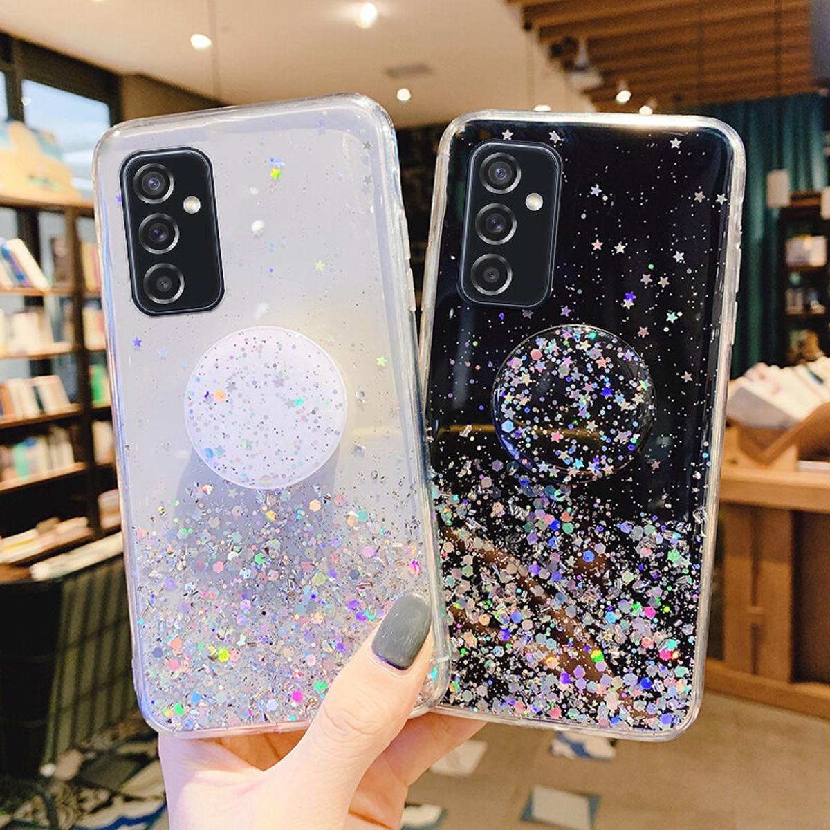 For Samsung Galaxy M13 Case Glitter Bling Soft Stars Moon Sequins Folding Bracket Transparent for Cases Samsung M13 Back Cover Casing