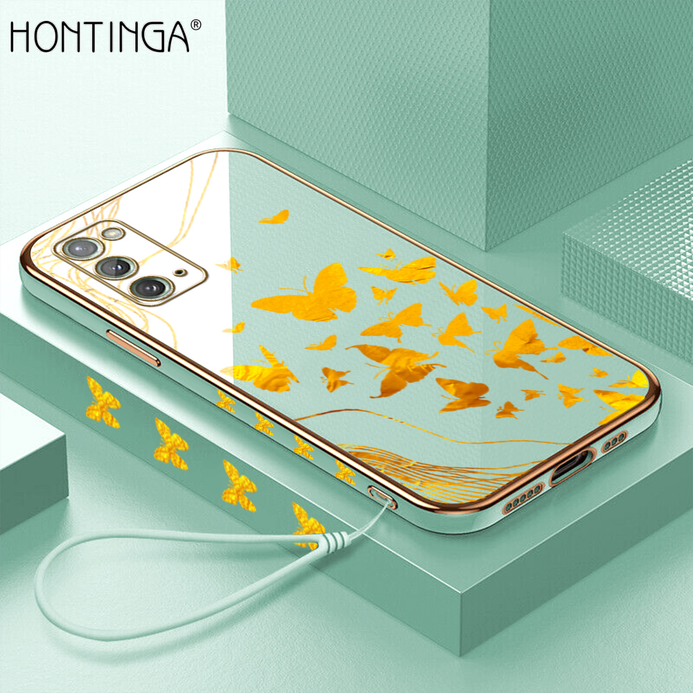 Hontinga for Samsung Galaxy Note20 Back Cover With Lanyard Luxury 6D Plating Shiny Golden Butterfly Case Soft Silicone Square Mobile Cover