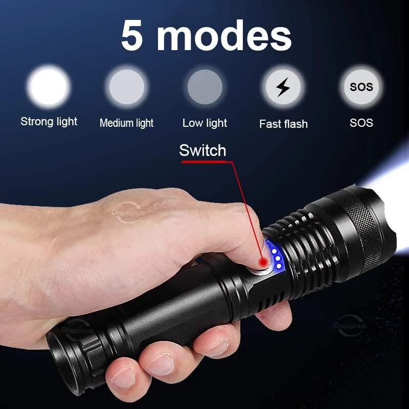 XHP360 Led Flashlight 18650 Rechargeable Torch 5000mAh XHP50 Tactical Flashlight With Usb Charging Waterproof Lantern Work Light. 
