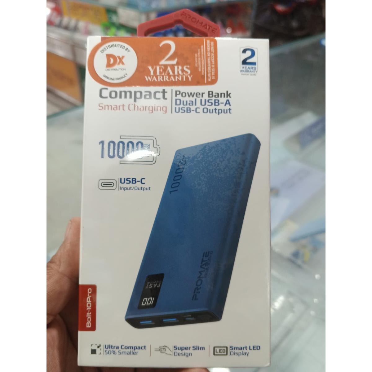 Promate Powerbank-Bolt 10Pro -Smart Charging Power Bank with Dual USB-A & USB-C Output- 2 Years Warranty