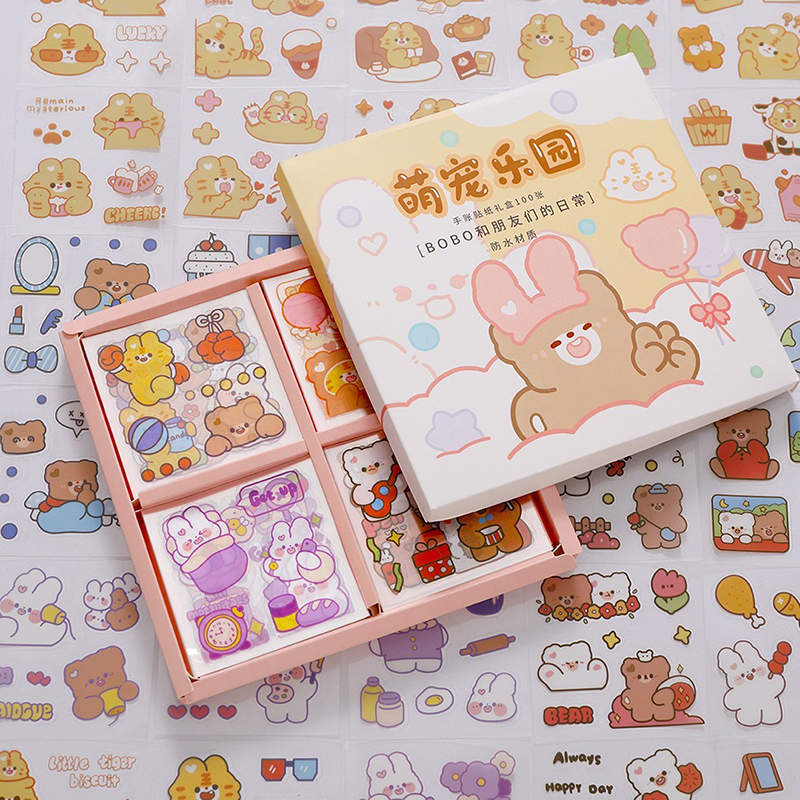 cute stickers 100 pcs, made of PET, waterproof and transparent water cup, pasted with decorative small pattern cartoon hand account material sticker, no need to cut, tear and use, 100 pieces, no repeated stickers, increase the small happiness of life. 