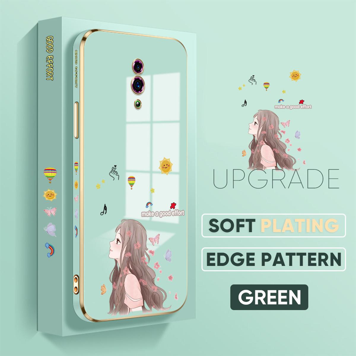 TA for OPPO Reno Back Cover + Free Lanyard Charming Girl Luxury 6D Plating Case Side Pattern Soft Silicone Square Phone Cases