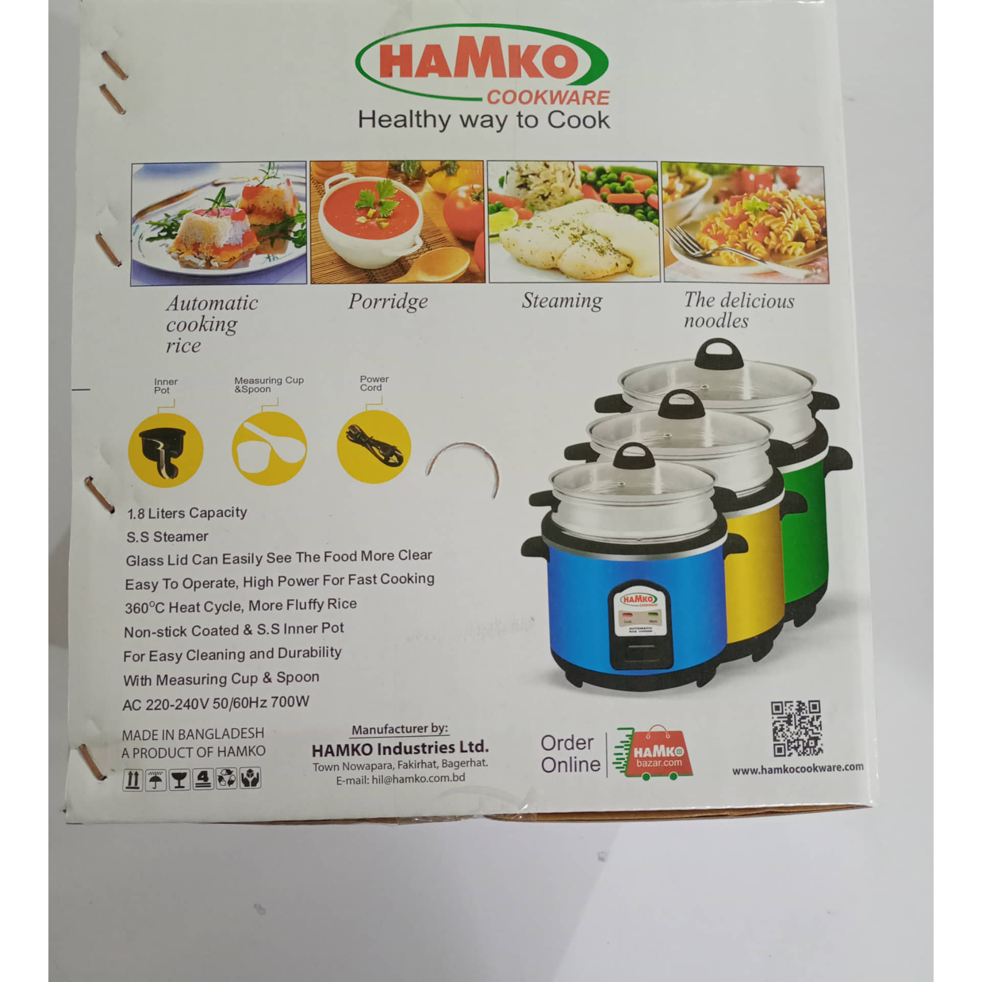 Rice Cooker & Curry Cooker 1.8 L Single pot (Stainless steel/Non-stick) SS Body with Glass Lid. 
