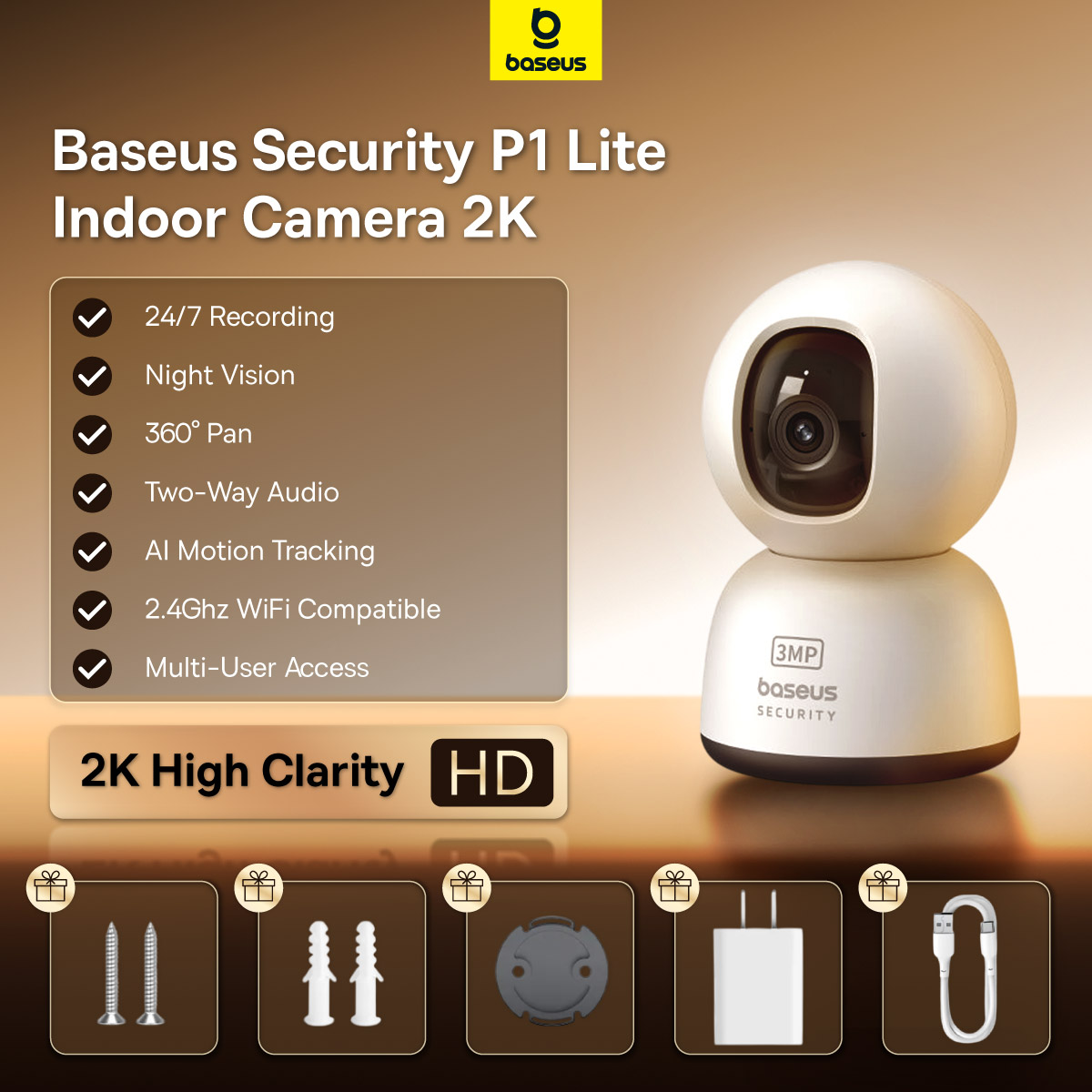 Baseus P1 Lite WIFI IP CCTV Camera Full Set with Remote Monitor 2K HD Smart Indoor Mini Camera with 360 Degree Rotation Night Vision Two-Way Audio Motion Detection for Home Security. 