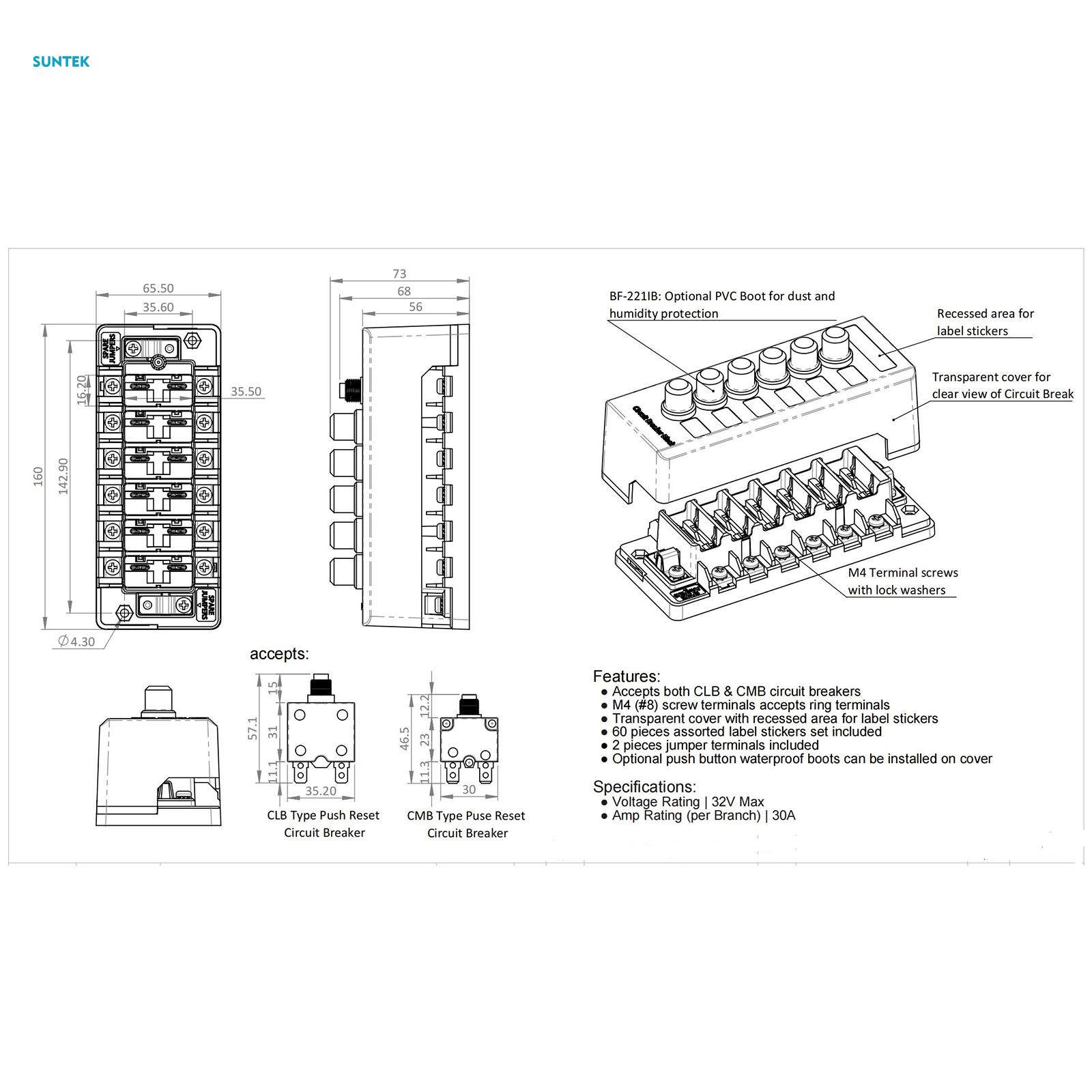 Circuit Breaker Panel Overload Protection 6 Input 6 Output Car Circuit Protector for Truck Car. 