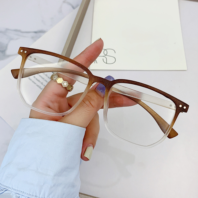Wood grain color change myopia finished glasses retro anti-blue light flat glasses male Douyin with the same big face slimming frame