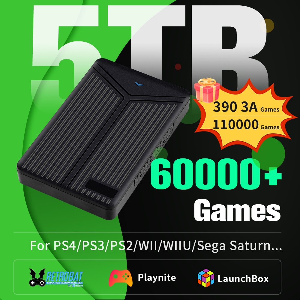 5TB Gaming Hard Drive With Retro/AAA Games Hyper Base Mix Retrobat Launchbox Playnite Game HDD For PS4/PS3/PS1/Switch/WIIU/N64