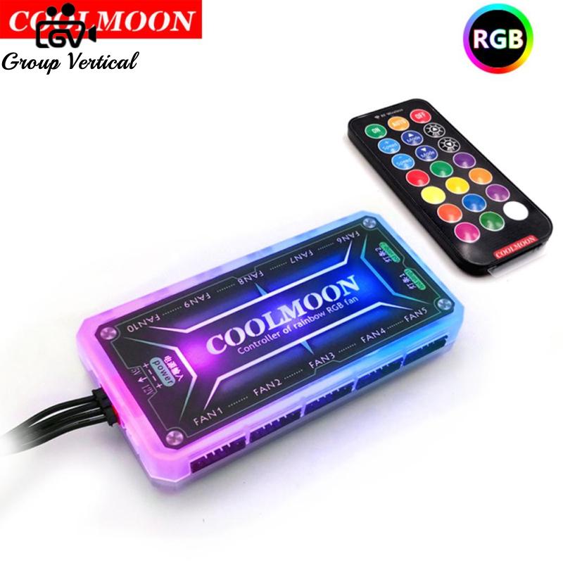 Group Vertical Coolmoon RGB Remote Controller Dc12v 5a Led Smart Fan Controller With 10pcs 6-pin Fan Ports 2pcs 4-pin Light Bar Ports. 