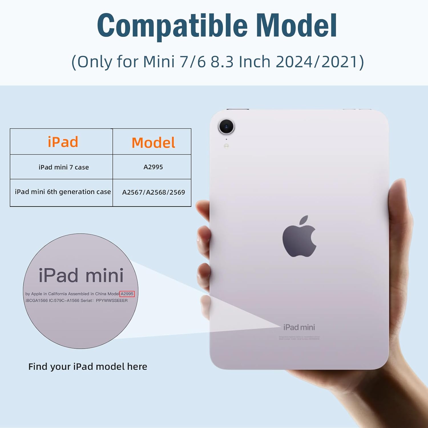 For Apple iPad Mini 7/6 Case 2024/2021 (A17 Pro), for iPad Mini 7th/6th Generation Case 8.3 Inch with Pencil Holder, Slim Trifold Stand Cover with Soft TPU Back, Auto Sleep/Wake, Black/ Navy Blue Model: A2568 (Global)A2995 (Global), A2996 (China)A2993. 