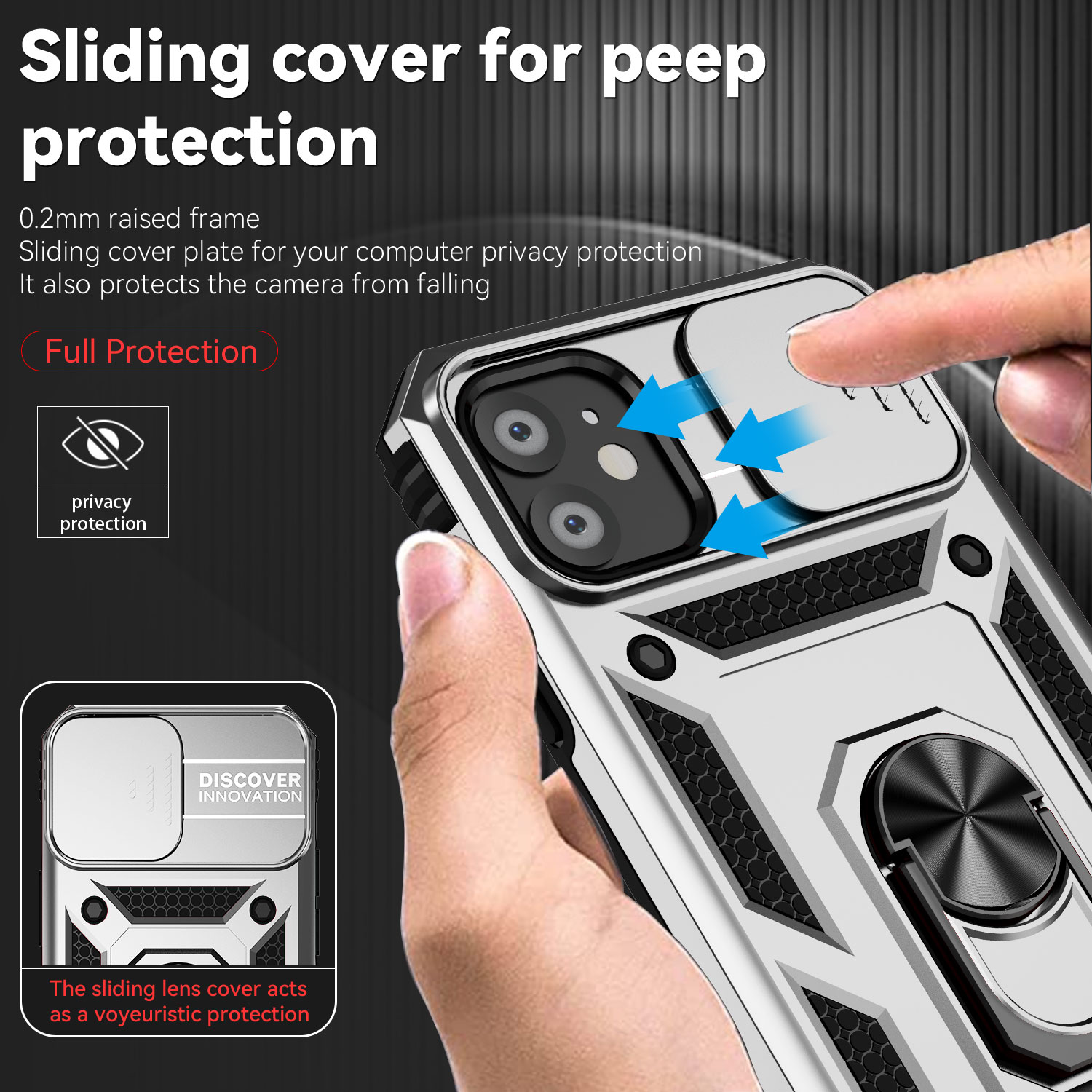 For iPhone 12 Mini Case with Slide Camera Cover, 360° Ring Holder Metal Kickstand, work for Phone Holder Car Mount, Drop Peep Protection. 