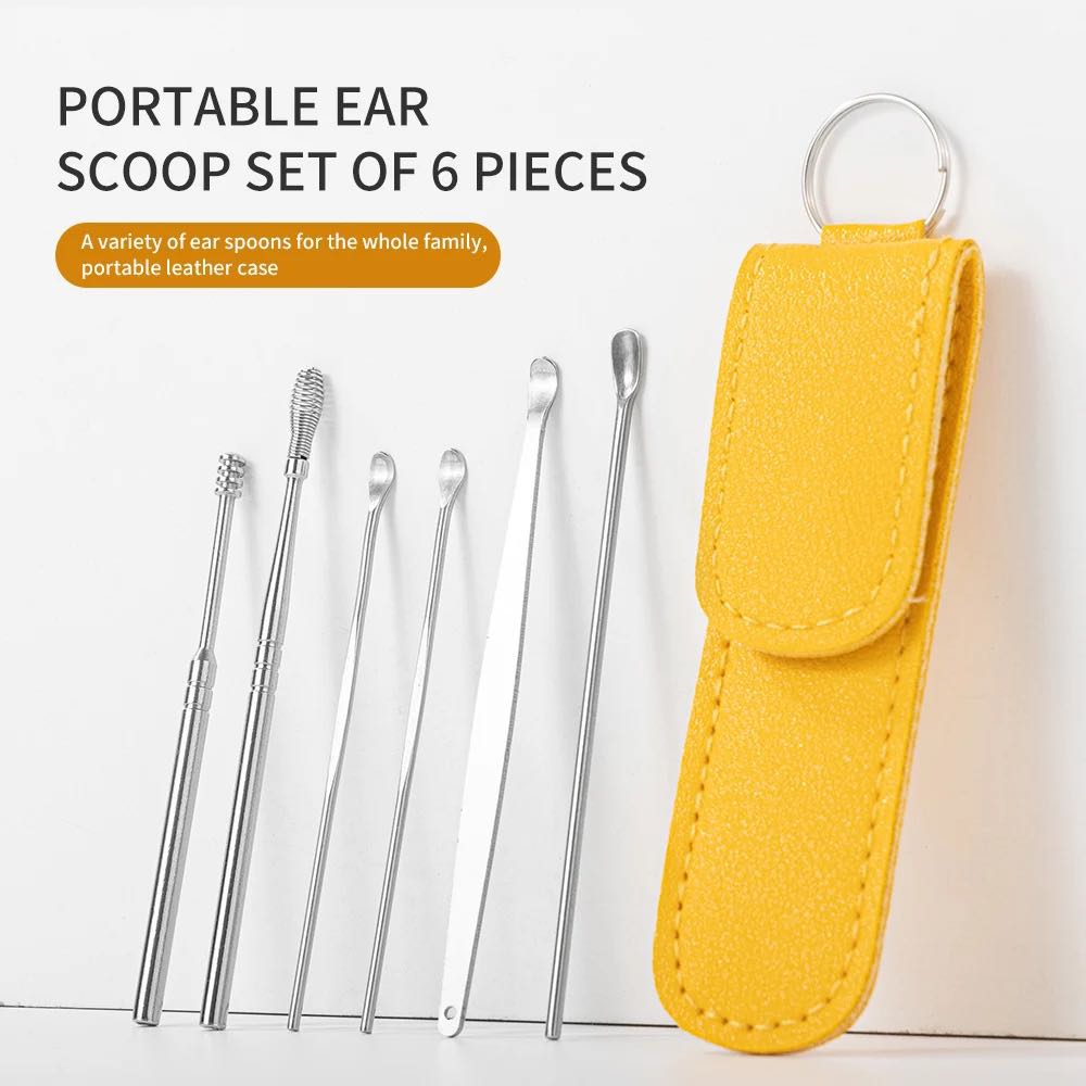 6 Pcs Ear Pick Spoon Set Earwax Removal Tool Kit, with Portable Storage Lather Case Stainless
