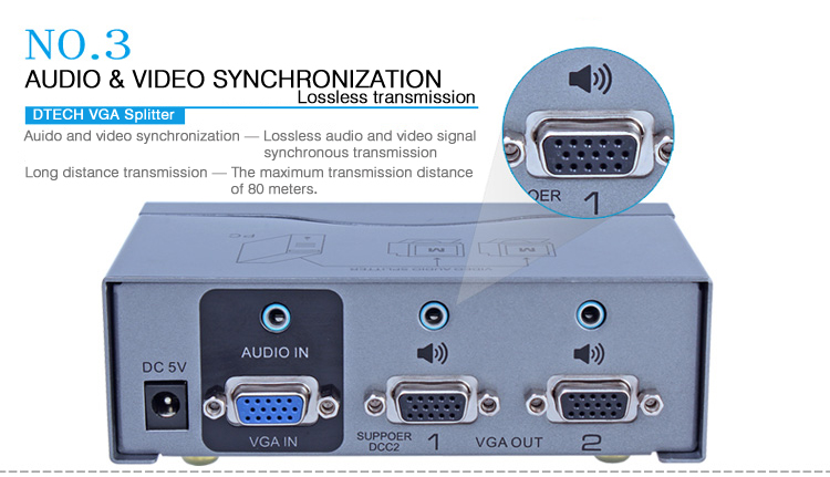 DTECH Powered 2 Port VGA Splitter Box SVGA Video Distribution 1 PC to 2 Monitor. 