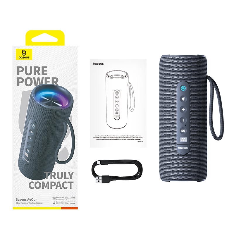 Baseus AeQur 30 Air Wireless Bluetooth Speaker IPX5 Waterproof Portable Loudspeaker Music Stereo Outdoor Subwoofer Splash Proof Rechargeable Music Player with Colorful Ambient Light. 