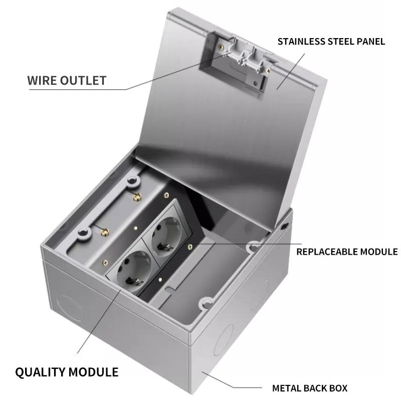 Ultra-Thin 304 Stainless Steel Concealed Floor Socket - Waterproof and Embedded for Flat Surfaces EU socket 130mm X 130MM. 