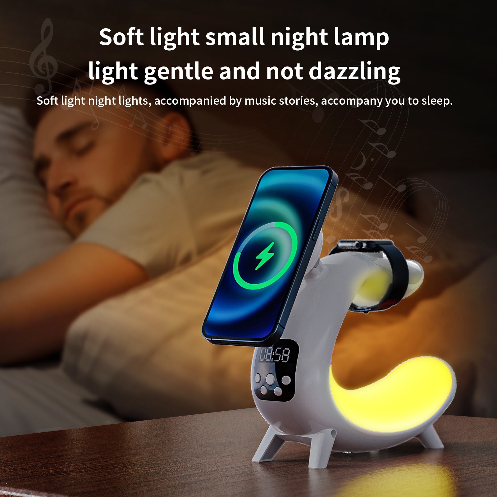 Bedside Table Lamp Colorful Night Light Wireless Charging for Cell Phone Watch Headphones Can be used as BT Audio/Clock/Ambient Light. 