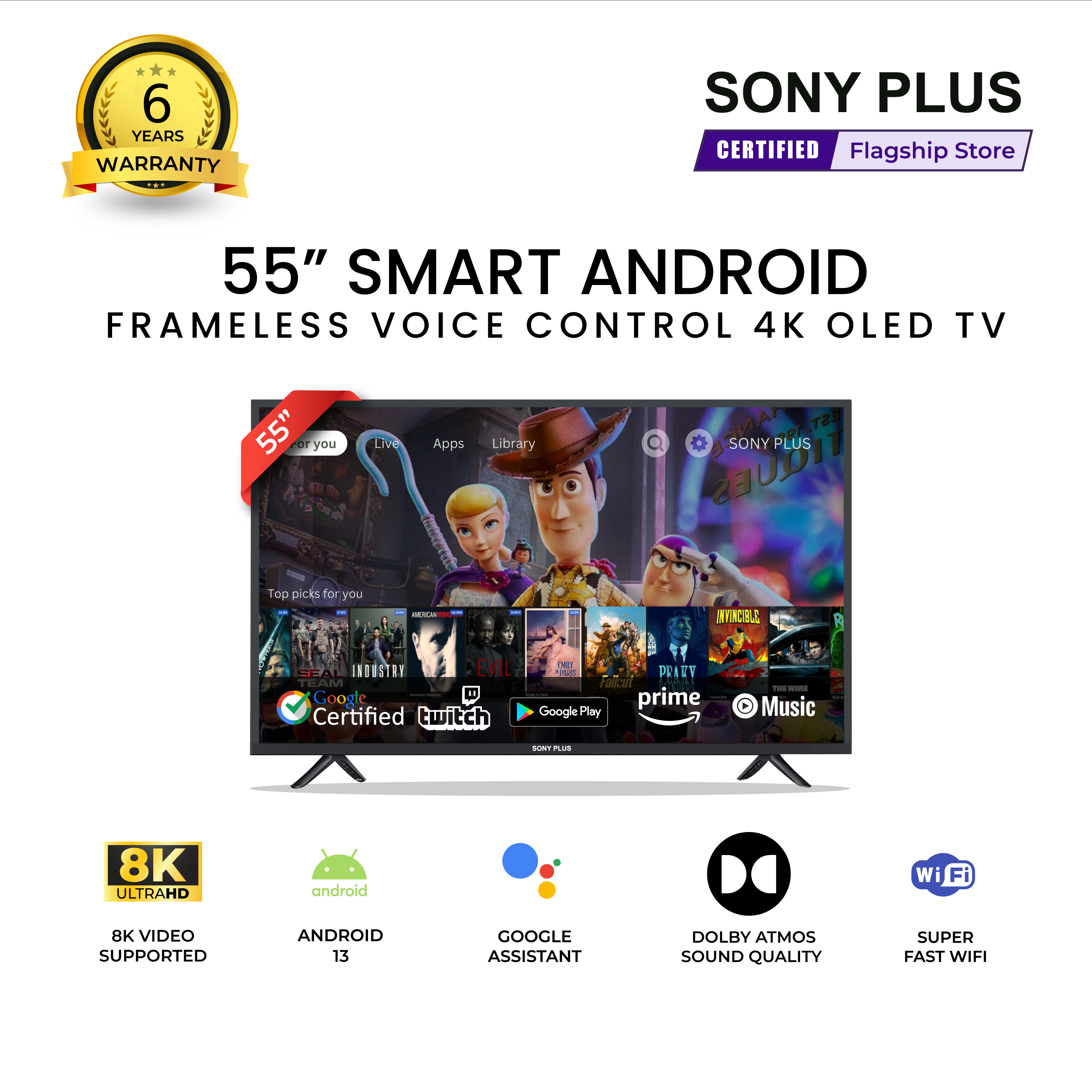 Sony Plus 55 inch Frameless Voice Control Smart LED TV Wi-Fi UHD 8K Supported Android Television
