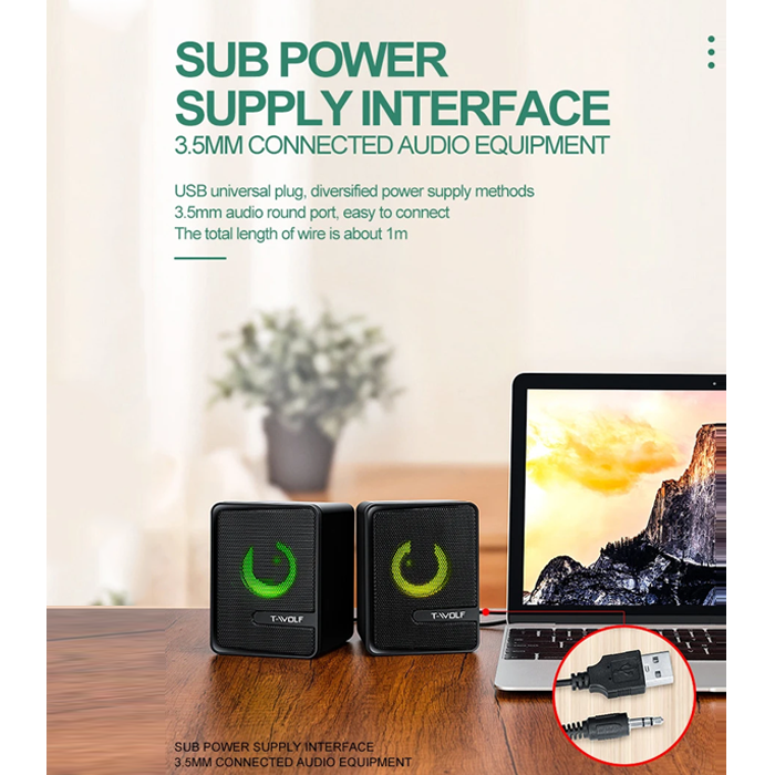 RGB Gaming Speaker T-Wolf S3 Mini USB Speaker With RGB Lighting Gaming Speaker For PC RGB Speaker For PC Laptop Speaker With 3.5mm Audio AUX. 