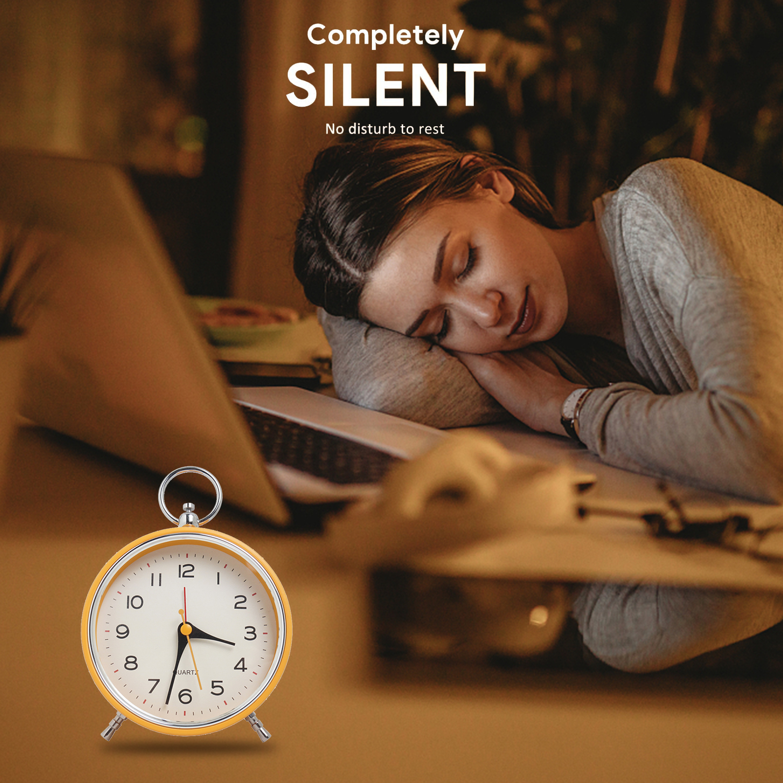 GC Student Snooze Alarm Clock Silent Non-ticking Battery Operated Bedside Table Alarm Clock With Metal Rings. 