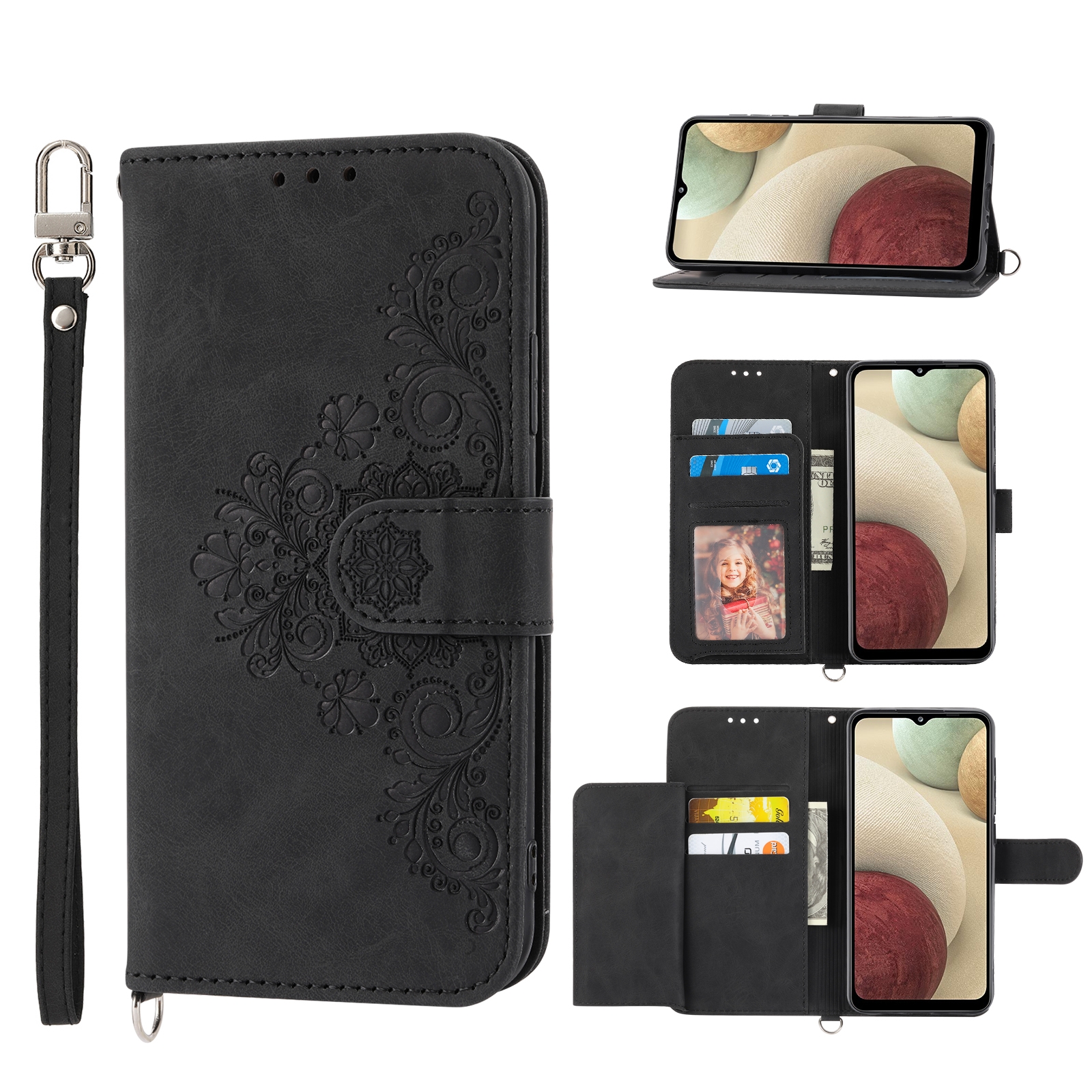 (New)For Samsung Galaxy A22 4G Skin-feel Flowers Embossed Wallet Leather Phone Case