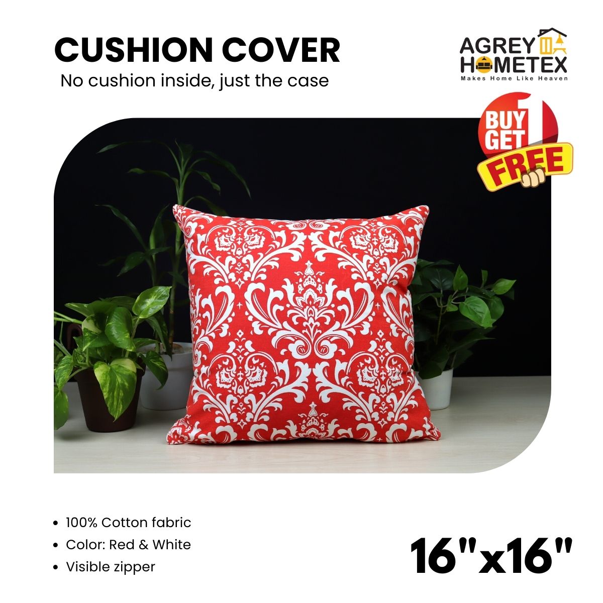 Cushion Cover, Red & White (16"x16") Only Cover
