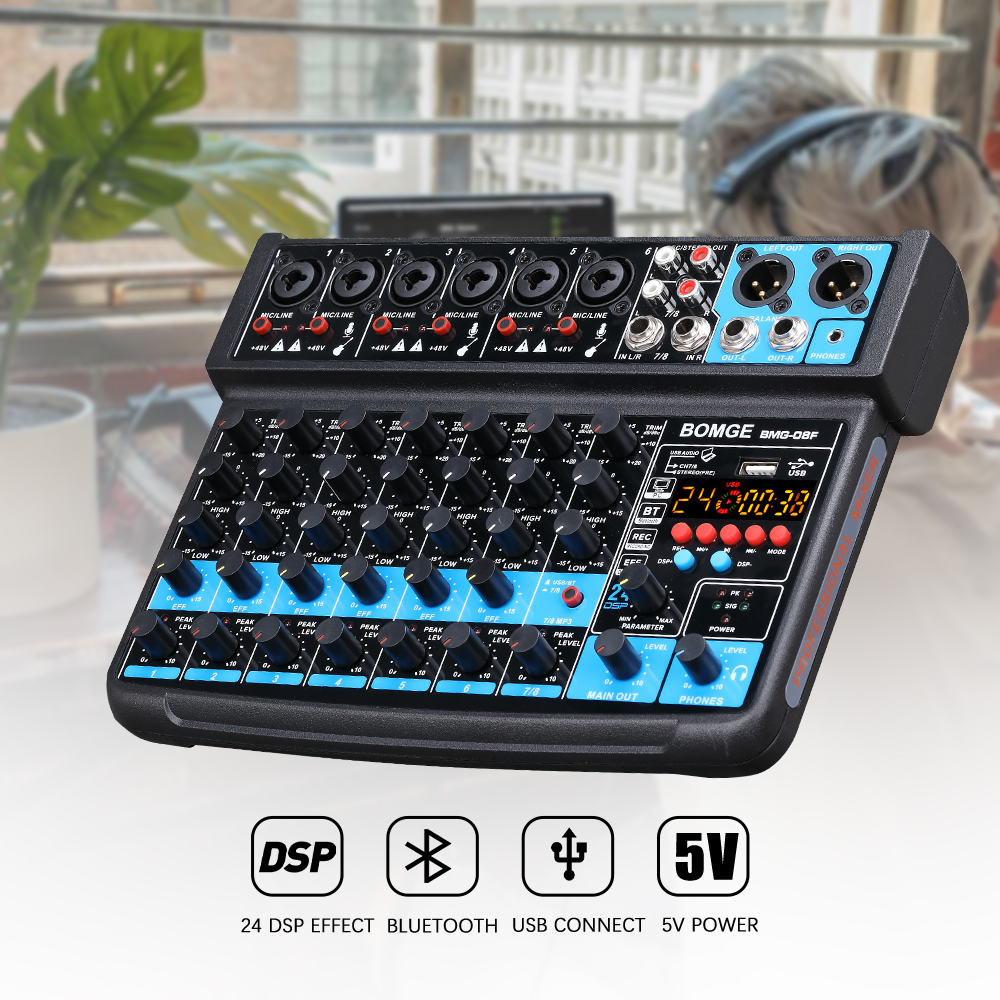 BOMGE 8 channel mini audio mixer  Line Mixer ，DC 5V，with MP3 Player,Bluetooth, U disk 48V ,24DSP  effects, USB recording  Ideal for Small Clubs or Bars, Studio Recording. 