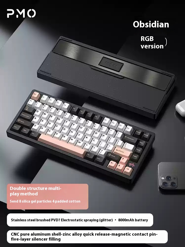 PMO Wave75 Mechanical Keyboard 8000mAh Custmoized Hot Swappable Hifi Switch CNC Aluminum BT 2.4G Wireless QMK VIA Driver. 