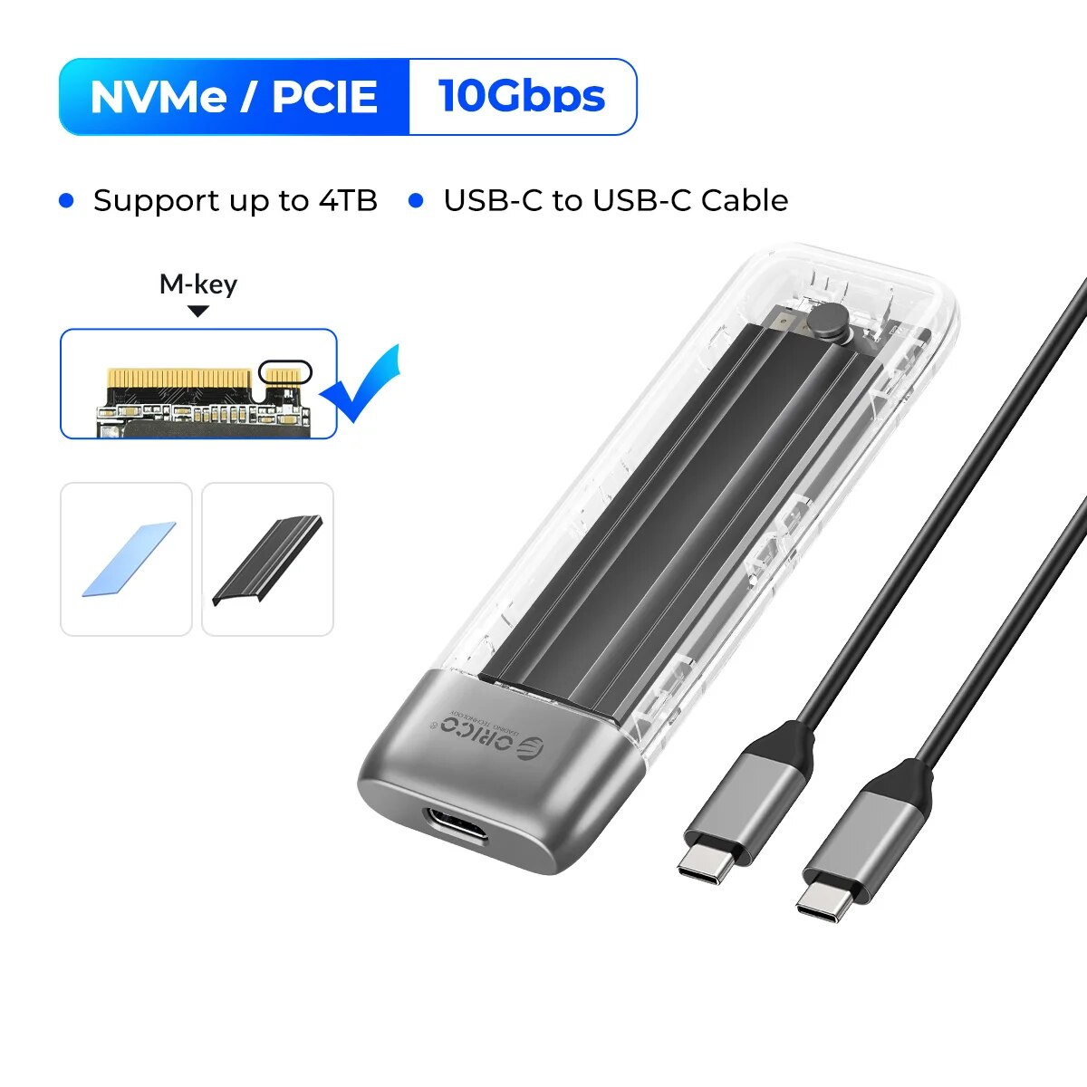 ORICO M.2 SSD Case NVME SATA SSD Enclosure Tool Free 10Gbps M.2 to USB Type C Transparent External Adapter Portable. 