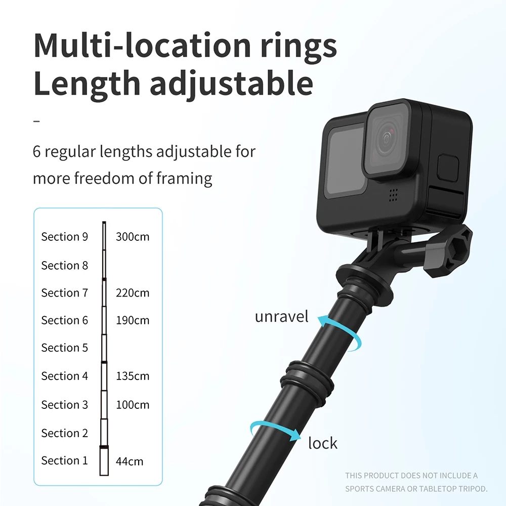 TELESIN 3M Selfie Stick Carbon Fiber Monopod Adjustable Length 1/4 Screw Hole For GoPro 11 10 9 Osmo Action Insta360 X2 X3 Sjcam. 