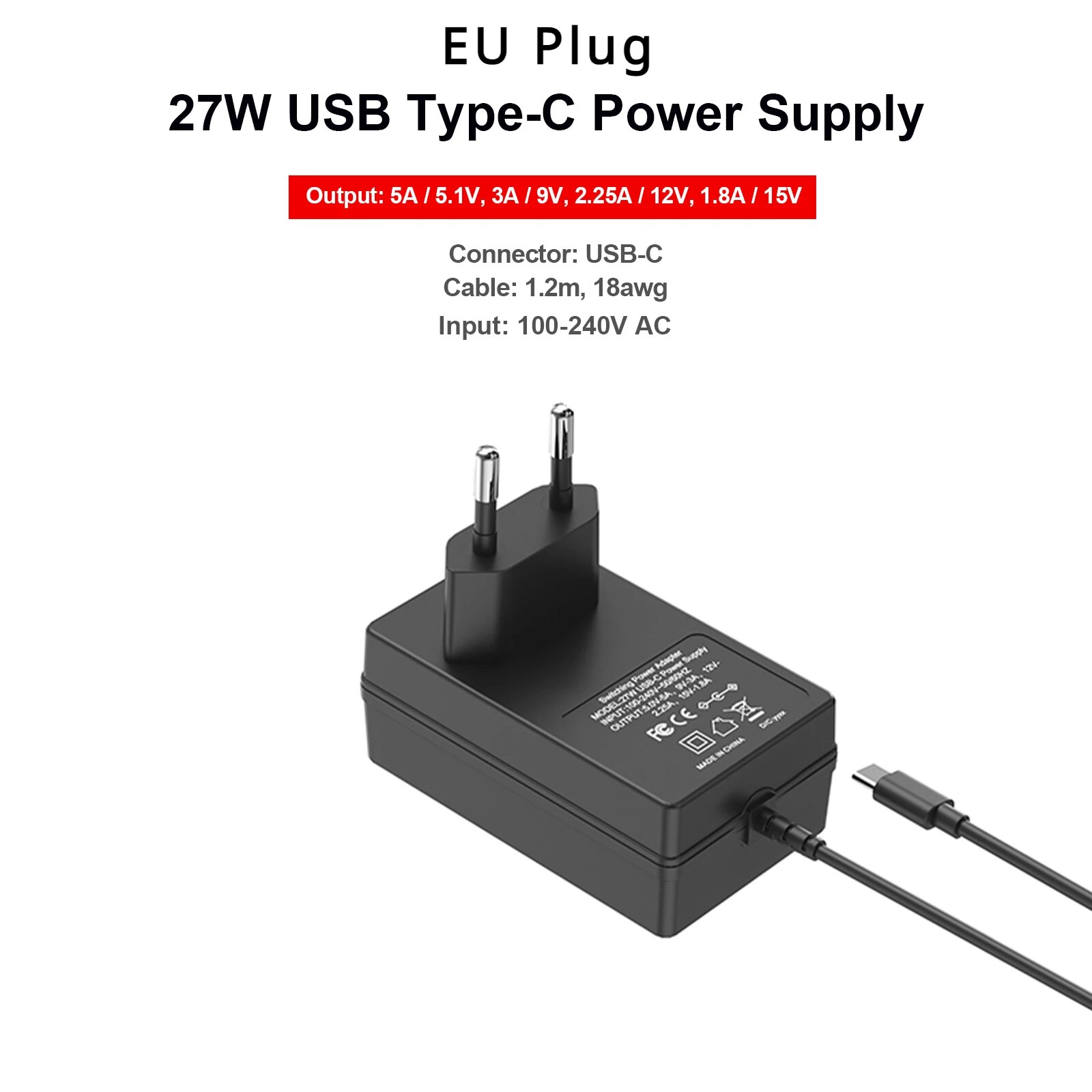 For Raspberry Pi 5 Power Adapter 27W USB-C Power Supply 5.1V 5A Compatible for PD Charing 1.2m, 18awg EU US UK AU Plug. 