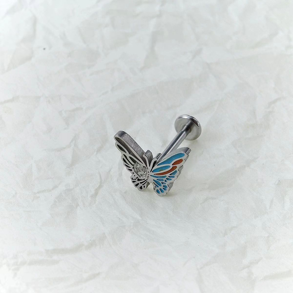 Butterfly lip nail European and American new three-color internal thread sweet hot girl style niche ins titanium steel dripping oil piercing lip nail