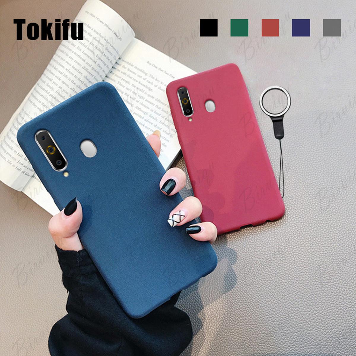 Tokifu For Samsung Galaxy M40 Back Cover Matte Simple Solid Color Soft Silicone TPU Case +Lanyard
