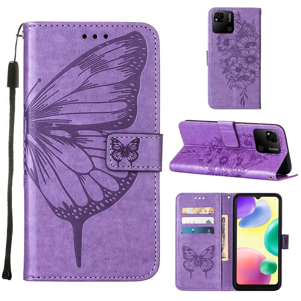 lthmy for Xiaomi Redmi 10A Butterfly PU Leather Flip Wallet Card Slots with Hand Strap Stand Cover case