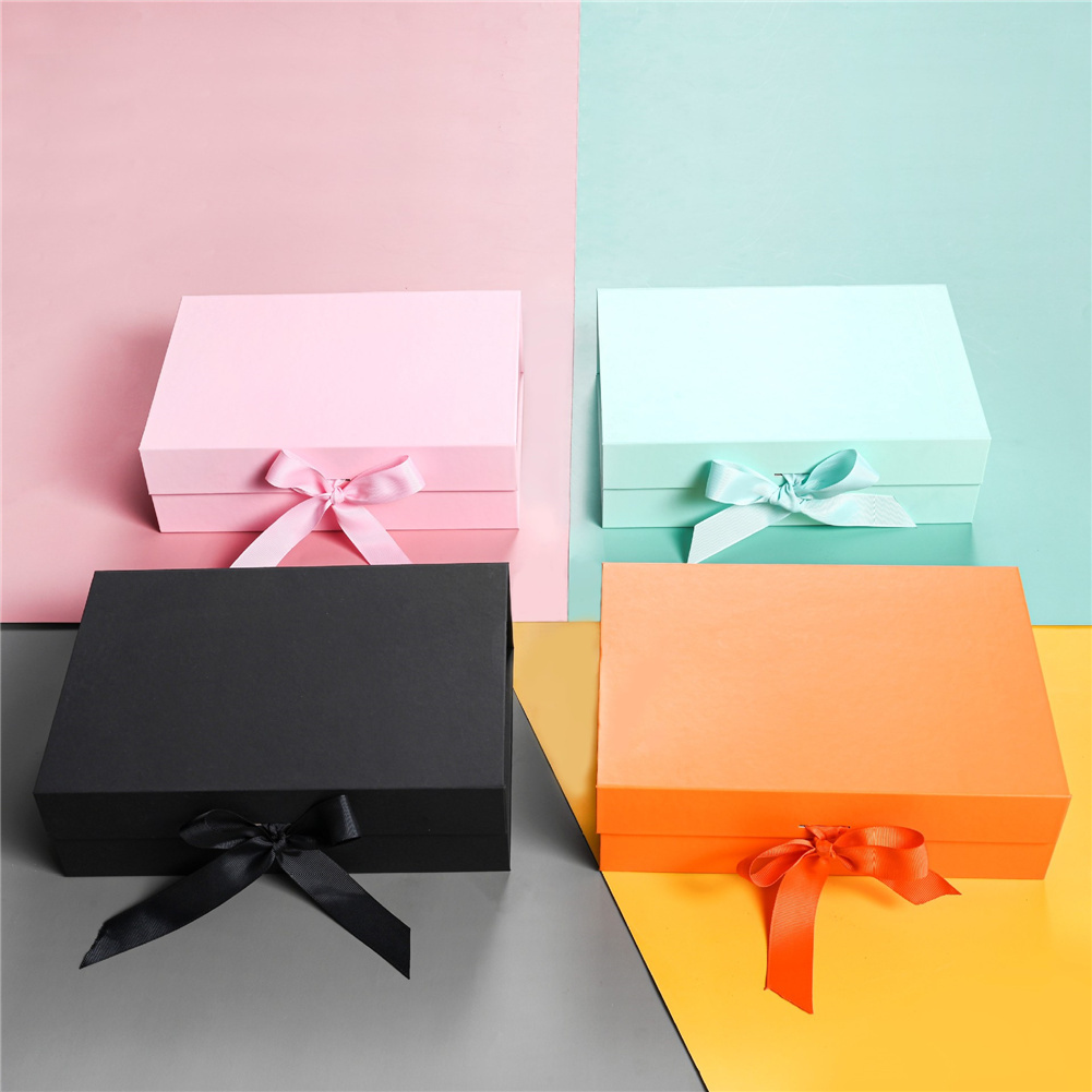 GC Strong Cardboard Folding Gift  Box With Magnetic Buckle Ribbon Exquisite Solid Color Clamshell Present Packaging Tools (27x19x8cm) specification:Black. 