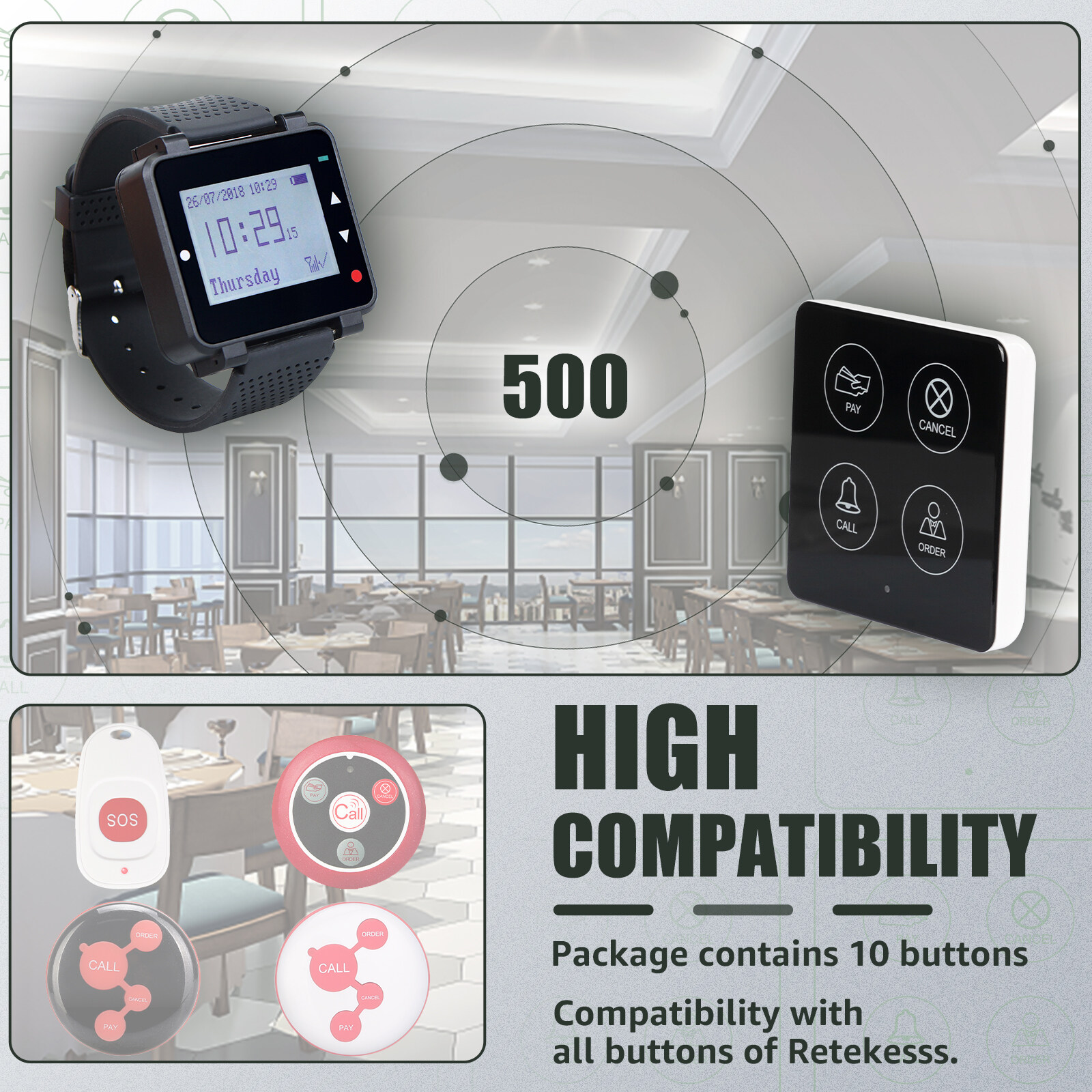 Retekess T128 Restaurant Pager System Waiter Queue Wireless Calling System Rechargeable Watch Pager and TD033 Buttons. 